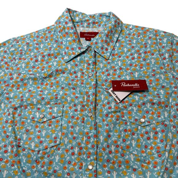 Panhandle Juniors Pearl Snap Shirt Turquoise Blue Floral Cactus Print Medium - Picture 5 of 12